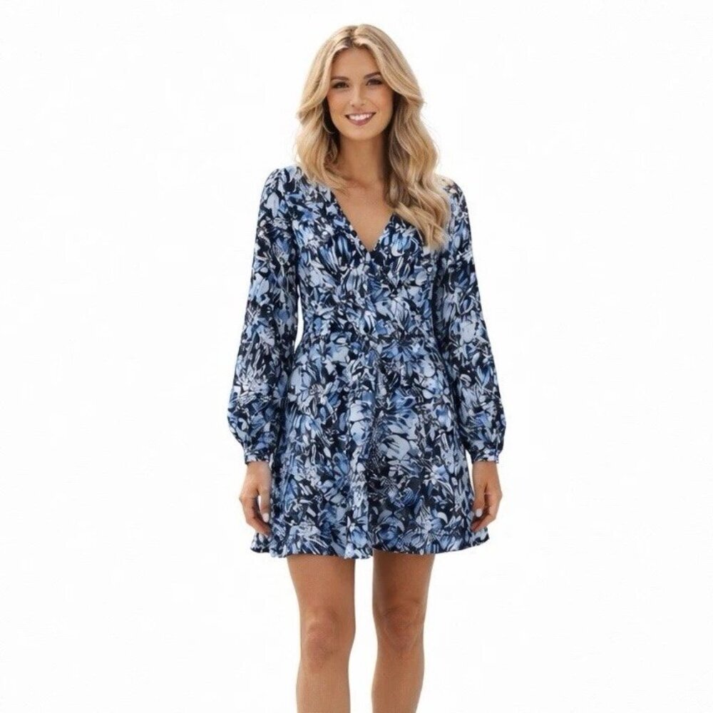 The Kooples Size Large Blue Abstract Print Firework Silk Women’s Mini Dress $395